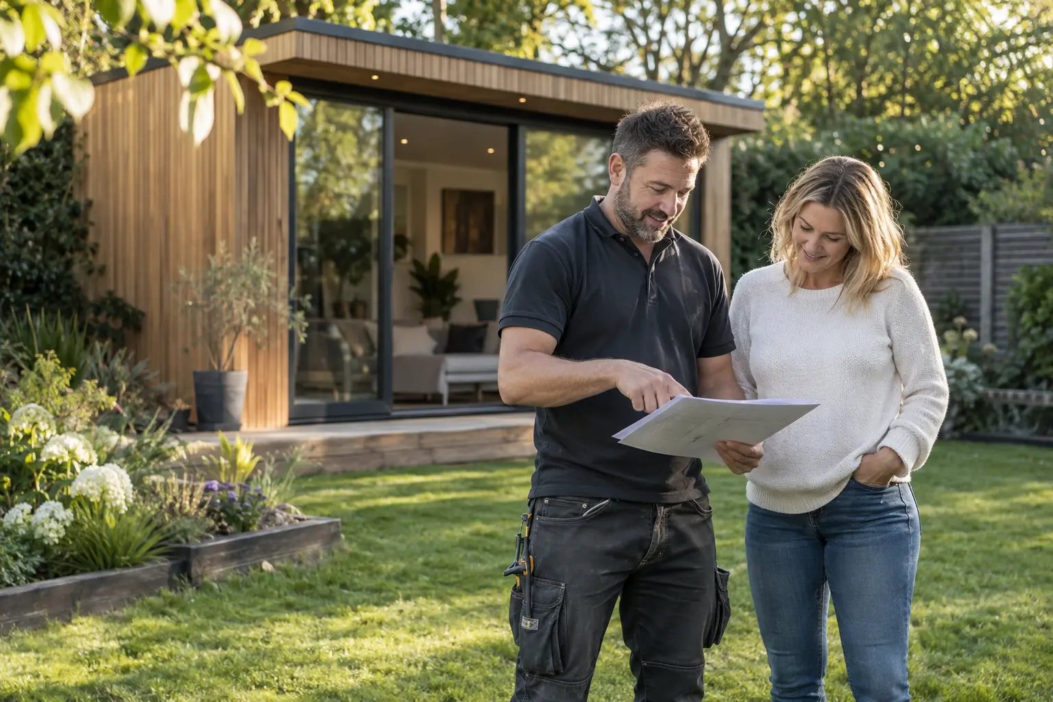 Tradesperson discussing a garden room project with a homeowner